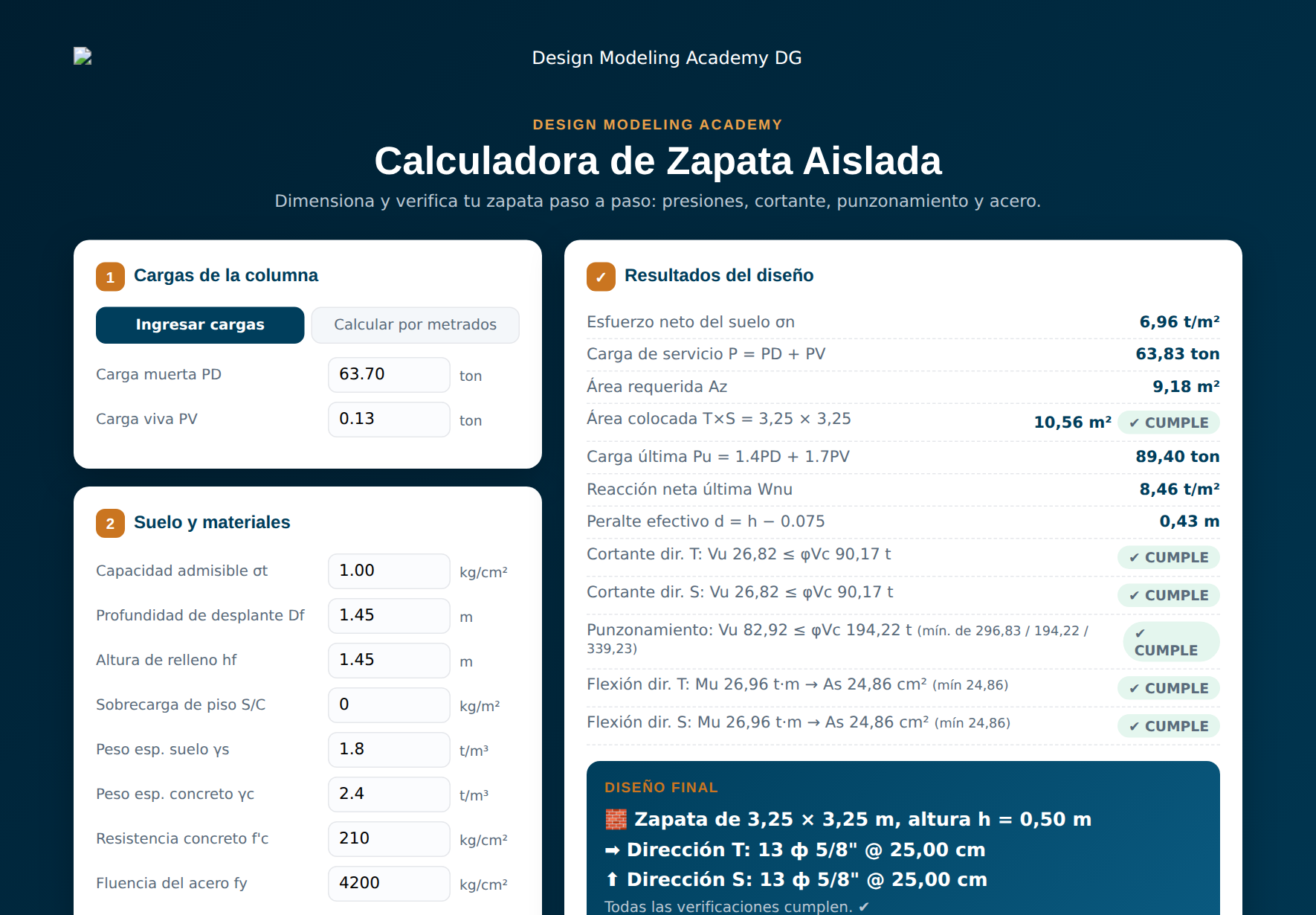 Vista de la Calculadora de Zapatas de Design Modeling Academy